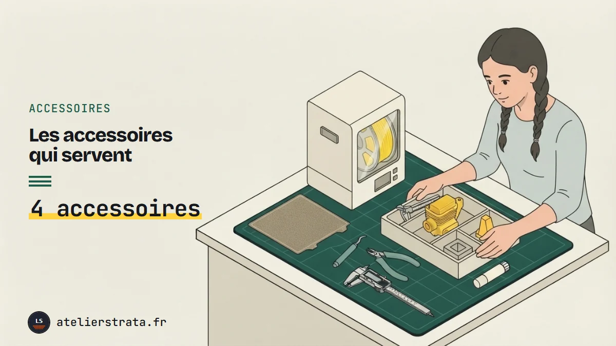 Une femme range des accessoires d'impression 3D sur un tapis de découpe vert