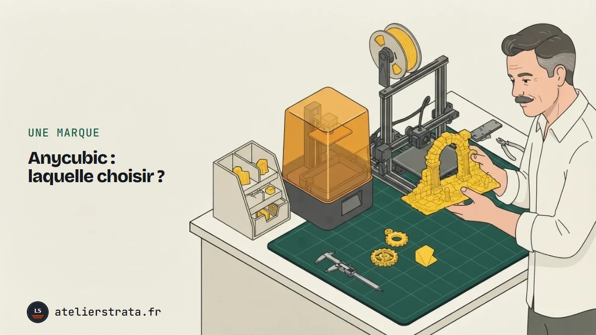 Illustration isométrique : une imprimante à résine et une imprimante à filament sur un établi de garage, un homme moustachu qui montre une pièce de décor imprimée en jaune