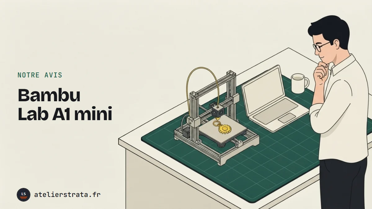 Un homme à lunettes observe une petite imprimante 3D posée près d'un ordinateur portable