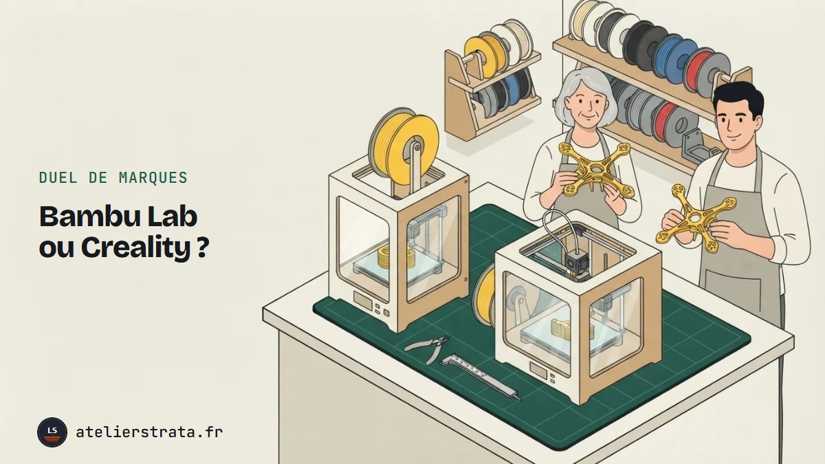 Deux makers en tablier montrent chacun une pièce jaune devant deux imprimantes 3D fermées