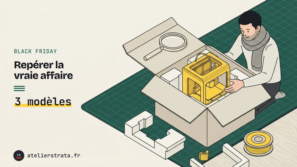 Un homme en écharpe déballe une imprimante 3D jaune, une loupe posée sur le carton