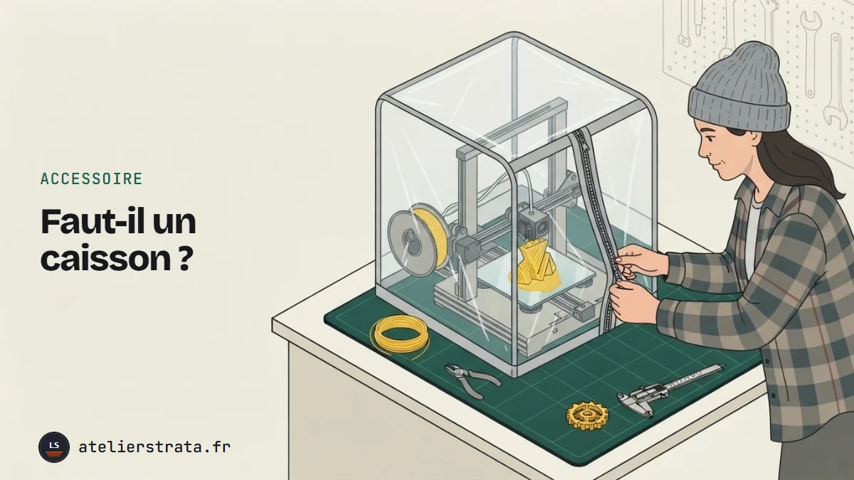 Une femme en bonnet ferme un caisson transparent autour d'une imprimante 3D