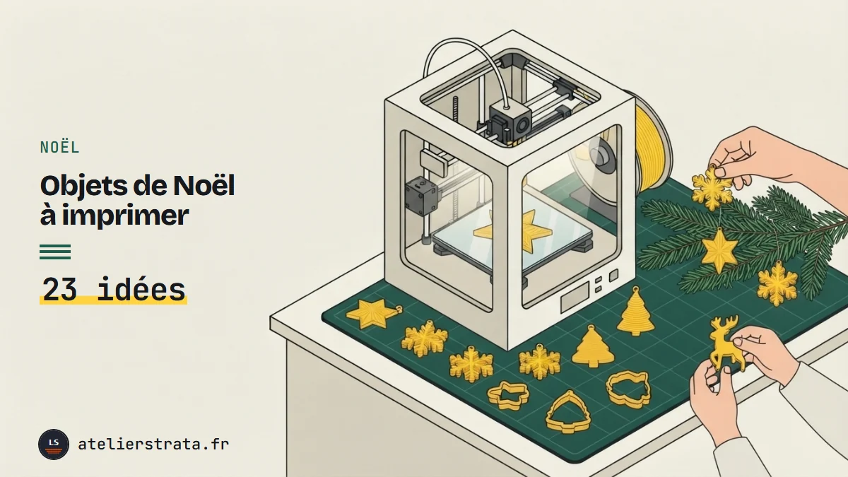 Une imprimante 3D fabrique une étoile, entourée de décorations de Noël jaunes et de sapin